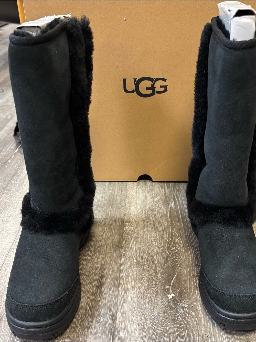 UGG | Sunburst Tall Black Suede Boots with Shearling Trim NEW - Picture 5 of 8